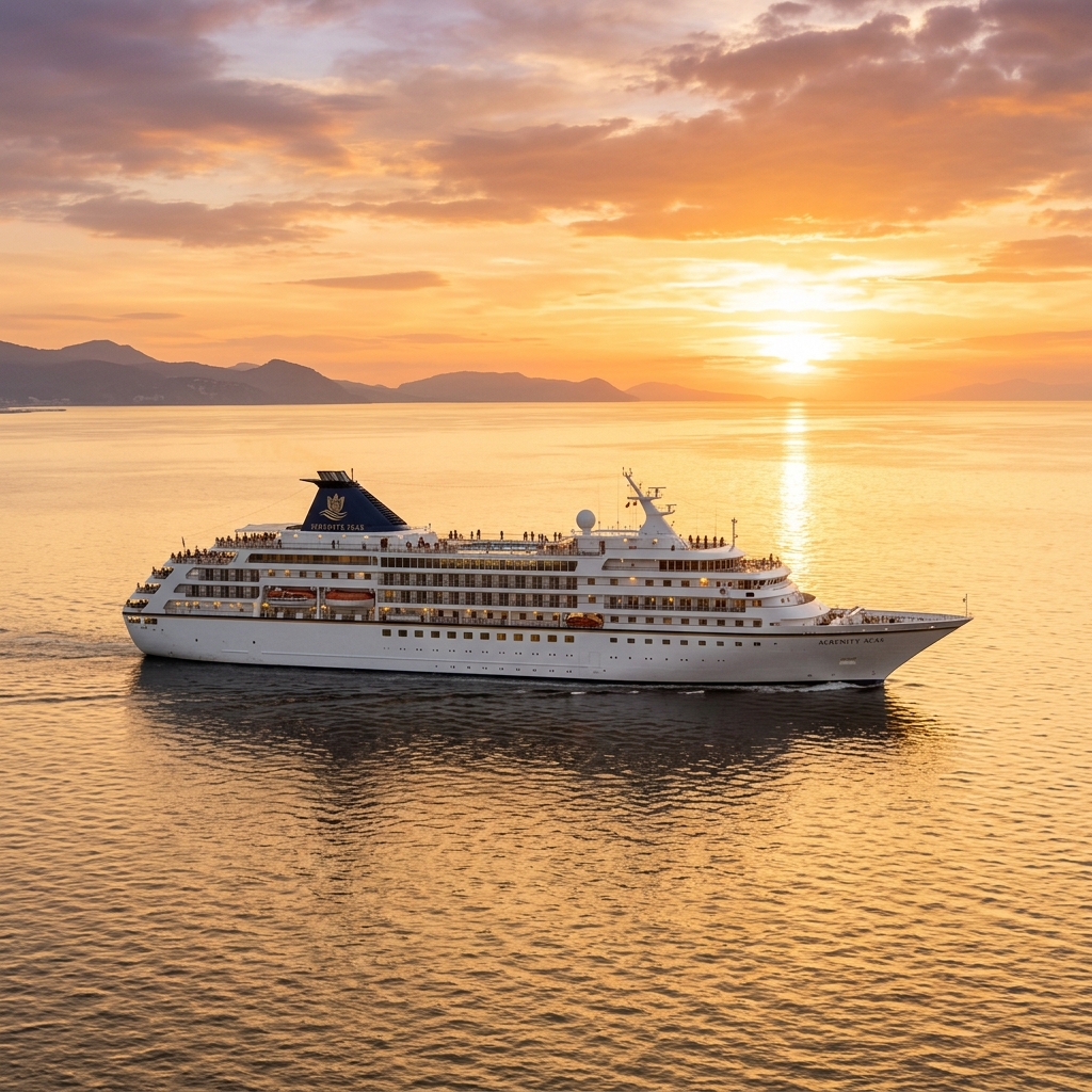 Oceania Allura cruise ship at golden sunset
